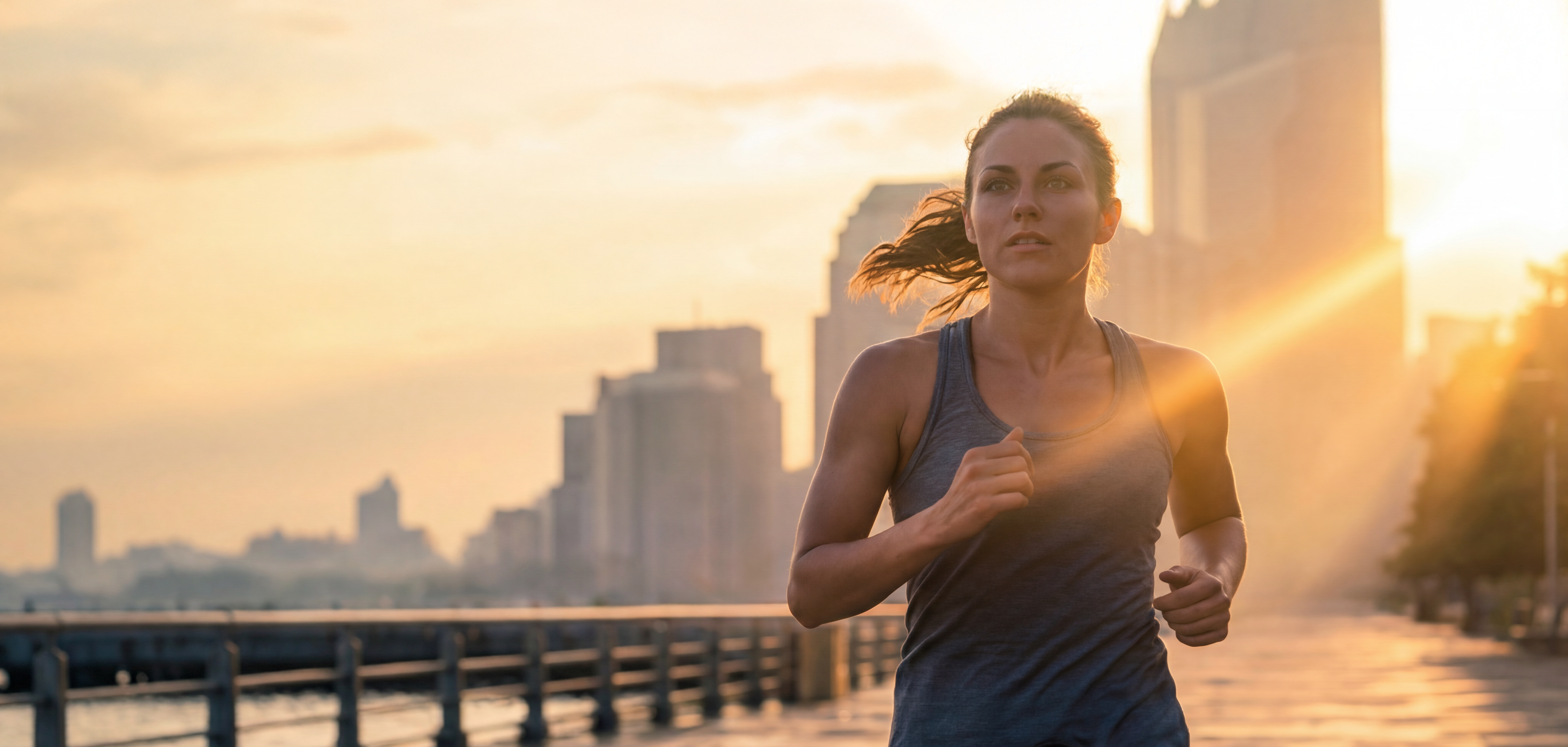 Runner training at sunrise in optimal weather conditions