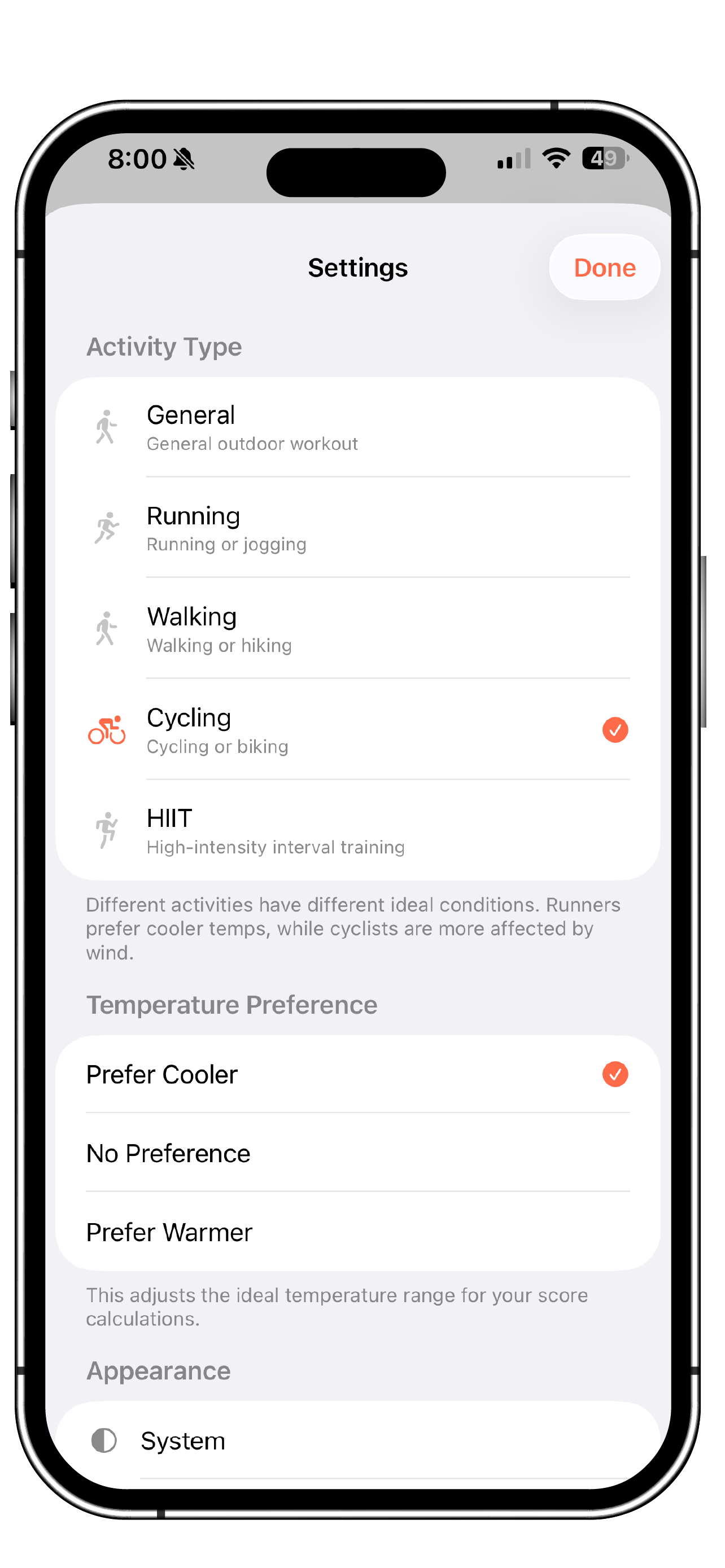 Zeph activity selector showing running, cycling, walking, and HIIT options
