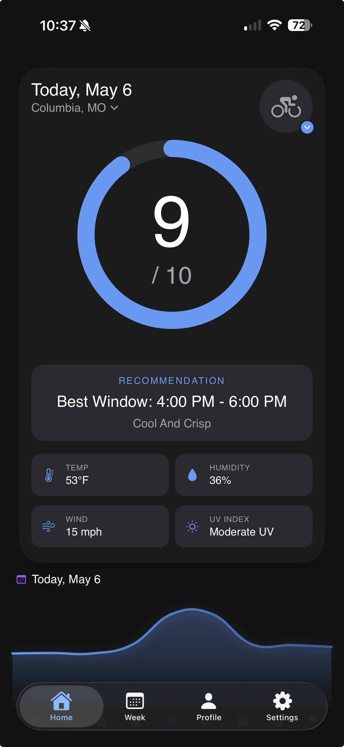 Zeph home screen showing today's score and best workout window