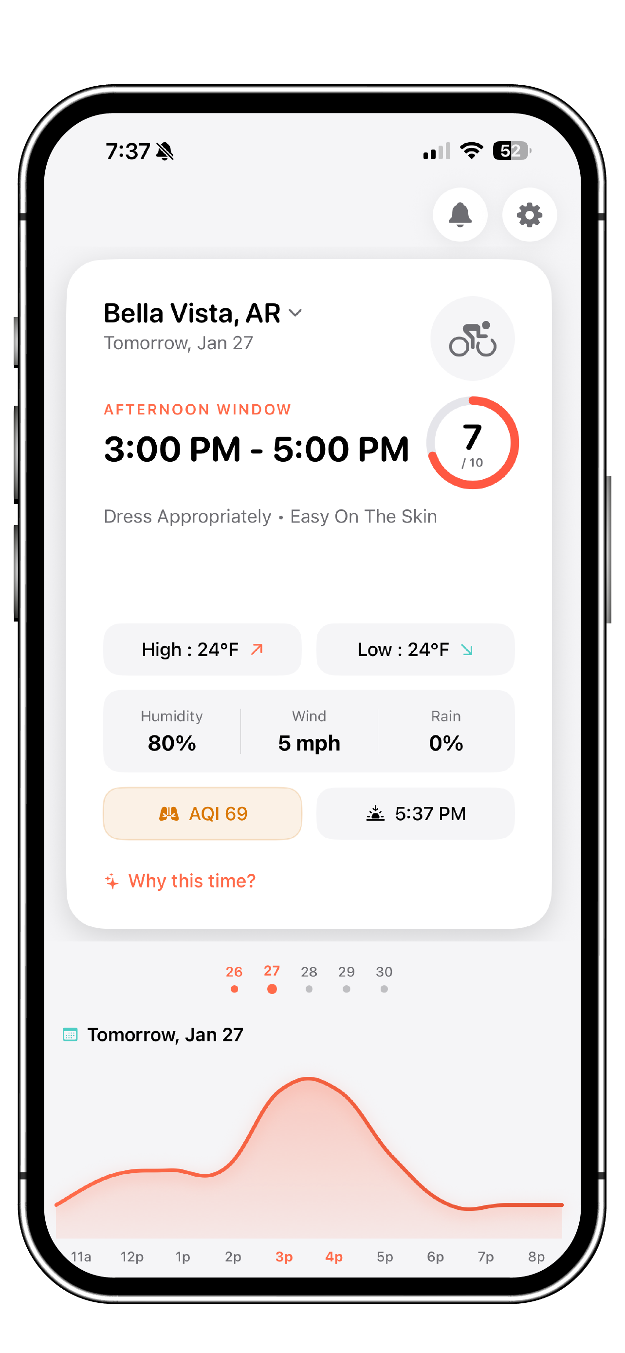 Zeph hourly forecast showing workout scores from 6 AM to 8 PM