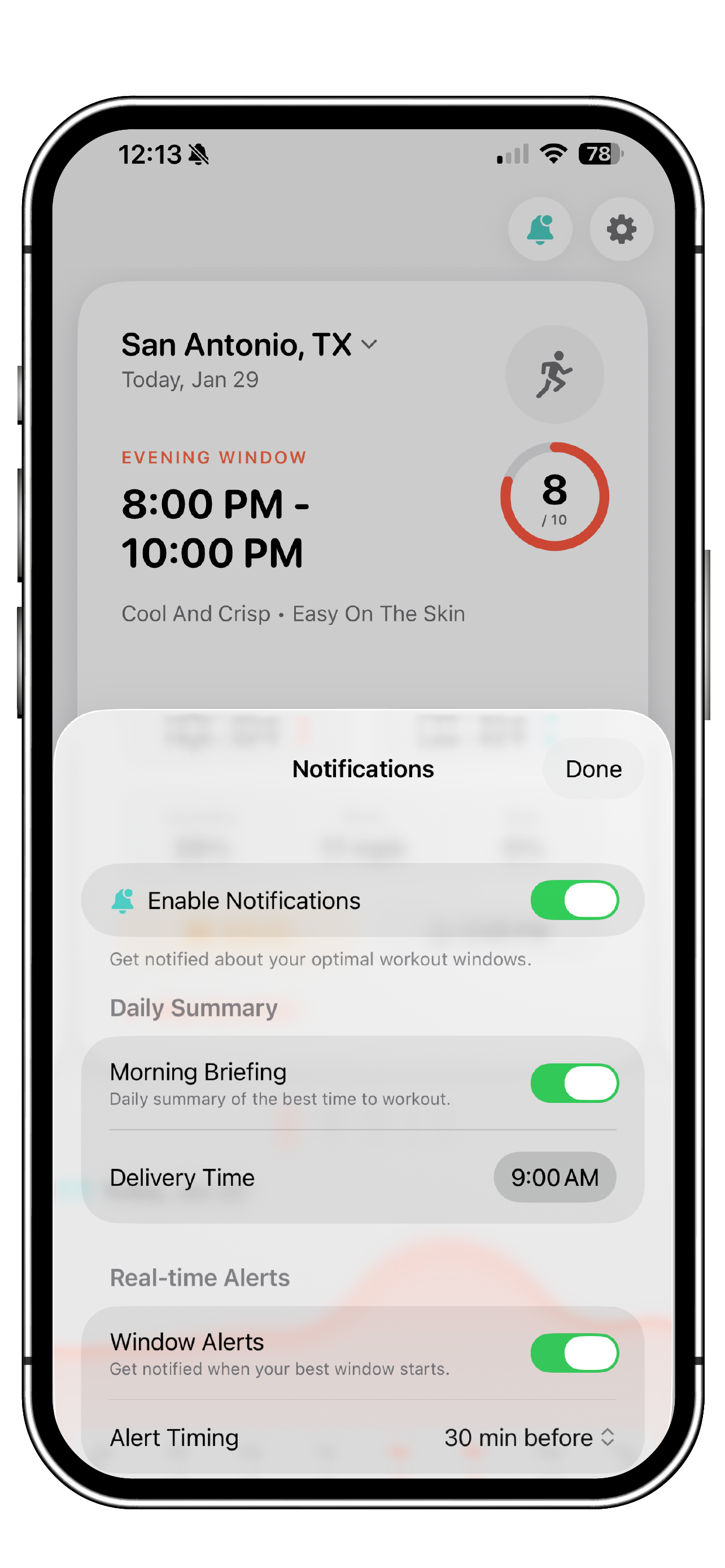 Zeph morning briefing notification showing optimal workout window